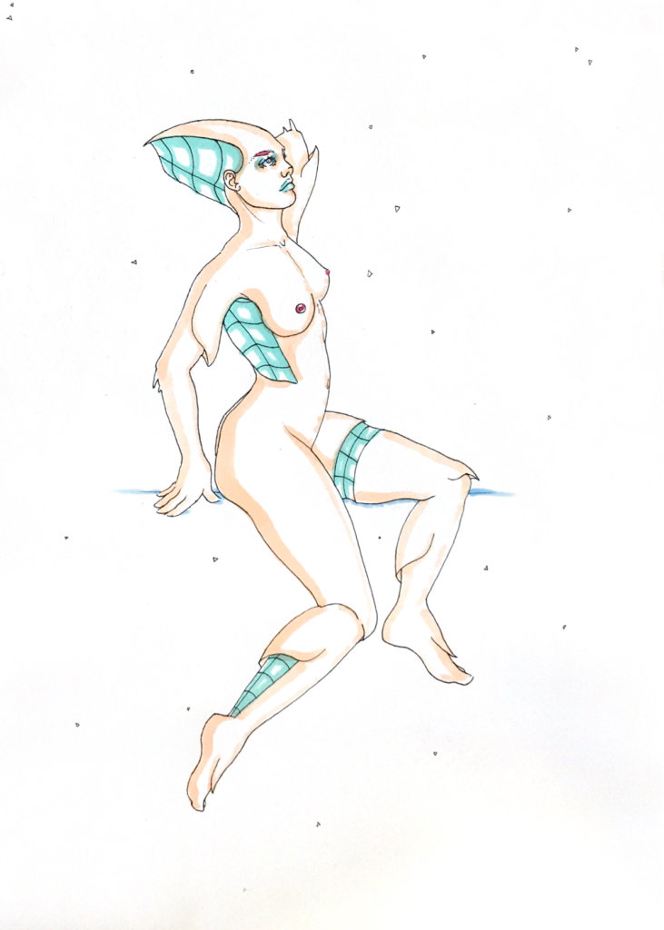 color drawing of a woman with bits of robot flesh and a conehead