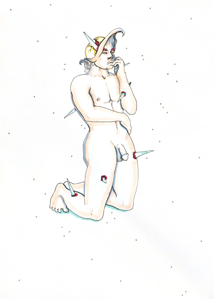 color drawing of a nude man with spikes shot through his body, and his skull exposed