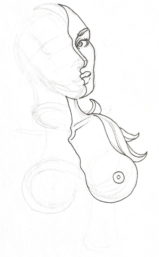 black & white drawing of a woman with only half a body