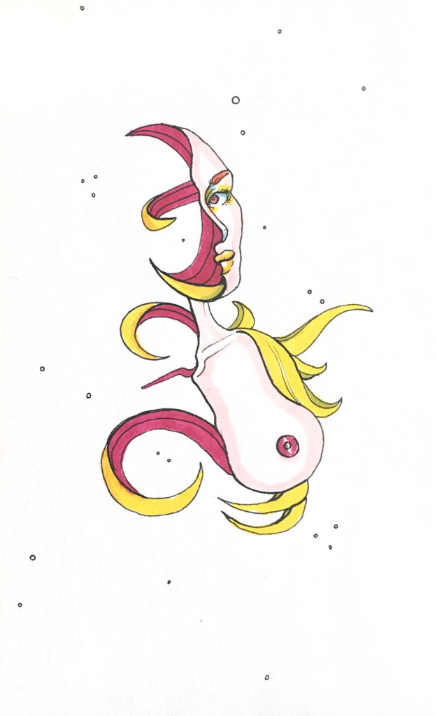 color drawing of a woman with only half a body, as if it turned into colored ribbons