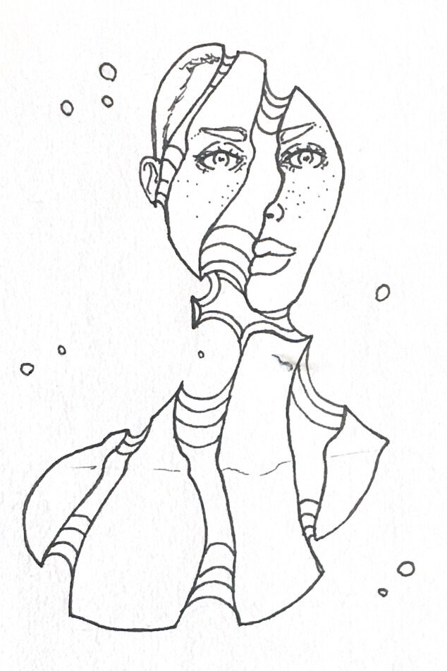 black and white drawing of a woman who has separations in her flesh, exposing her canyon-esque insides