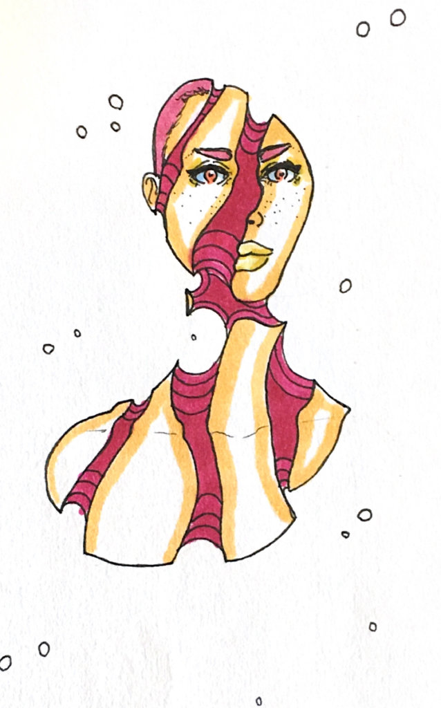 color drawing of a woman who has separations in her flesh, exposing her canyon-esque insides