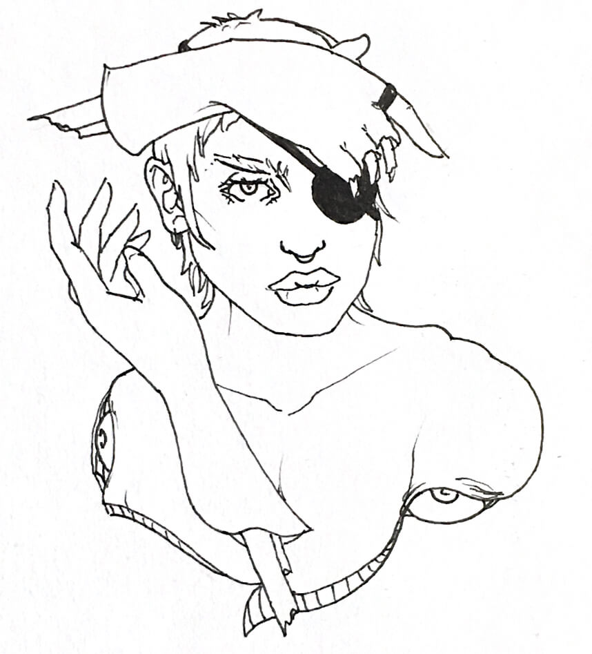 black and white drawing of a pirate woman