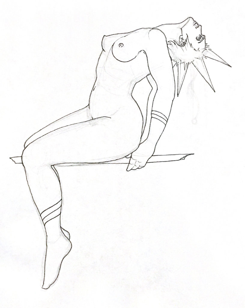black and white drawing of a nude woman with liberty spikes leaning backwards