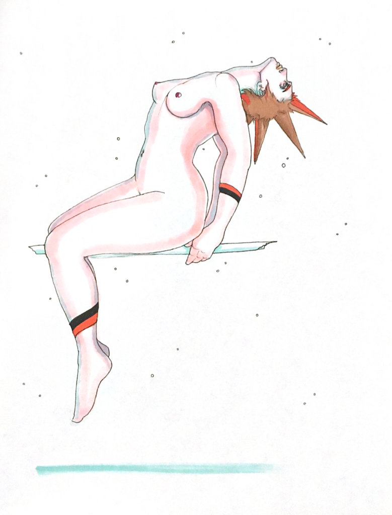 color drawing of a nude woman with liberty spikes leaning backwards