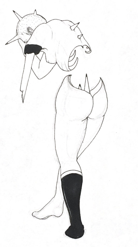 black & white drawing of a woman with her back turned to the viewer, spikes sprouting from her spine, skull, and hips