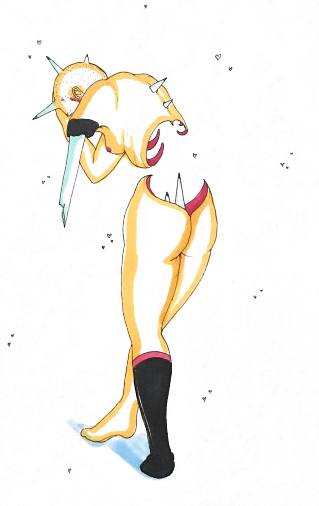 color drawing of a woman with her back turned to the viewer, spikes sprouting from her spine, skull, and hips