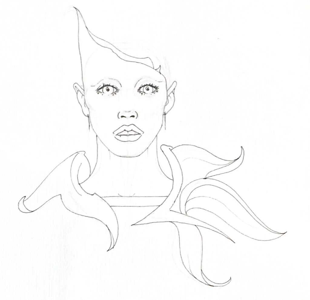 black and white drawing of a woman with petals and leaves growing from her shoulders and a strangely distorted head-shape
