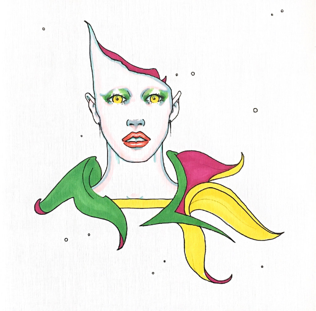 color drawing of a woman with petals and leaves growing from her shoulders and a strangely distorted head-shape