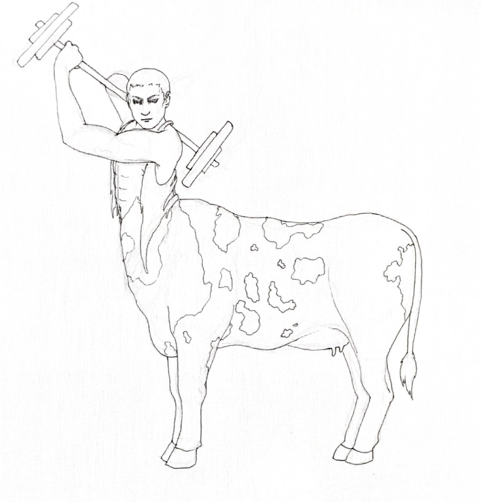 black and white drawing of a half man, half cow, holding weights