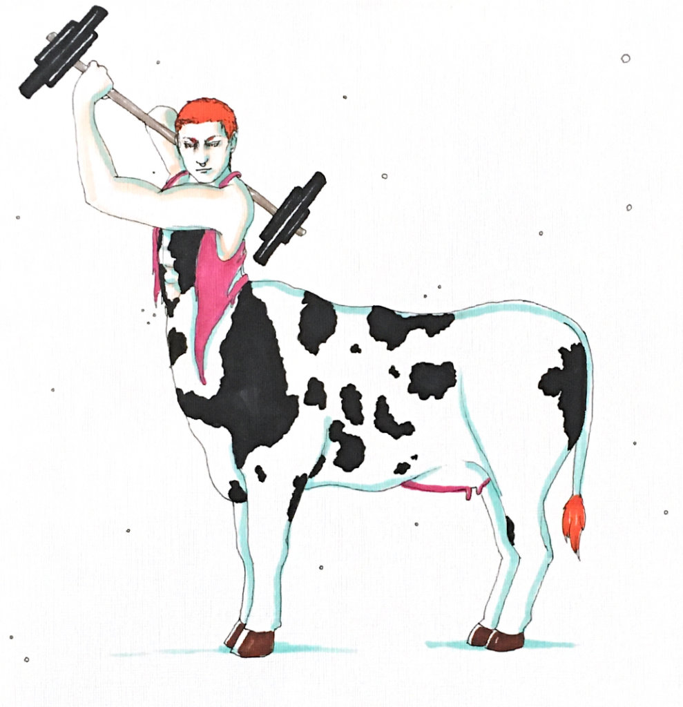 color drawing of a half man, half cow, holding weights