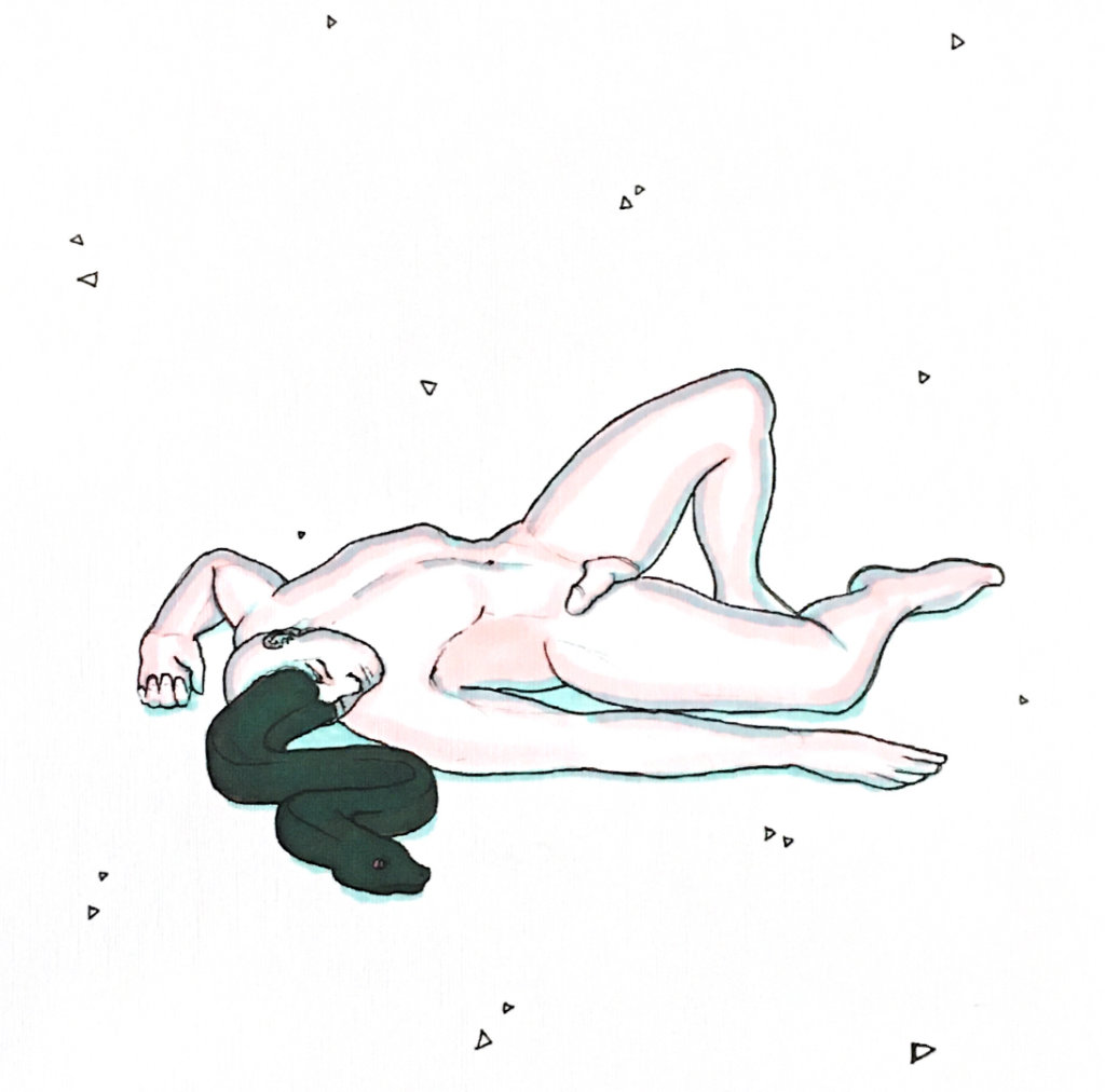 color drawing of a naked man laying down, a serpent crawling out of his skull