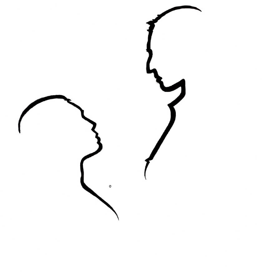 black & white outlines of a man and woman looking at one another