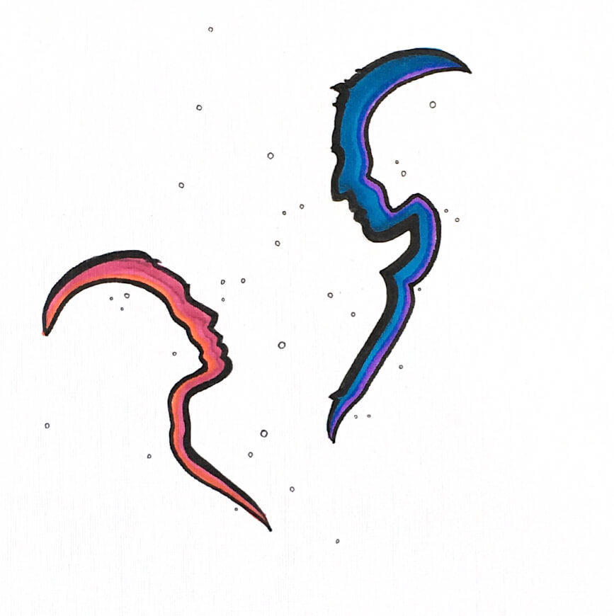 color outlines of a man and woman looking at one another
