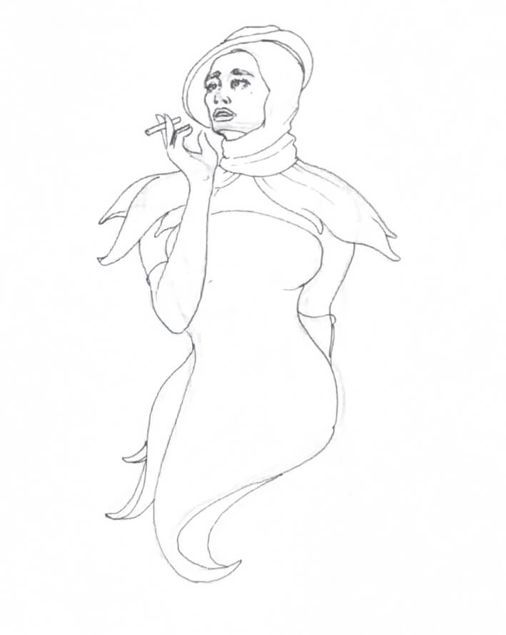 black and white drawing of a 1950s woman smoking a cigarette