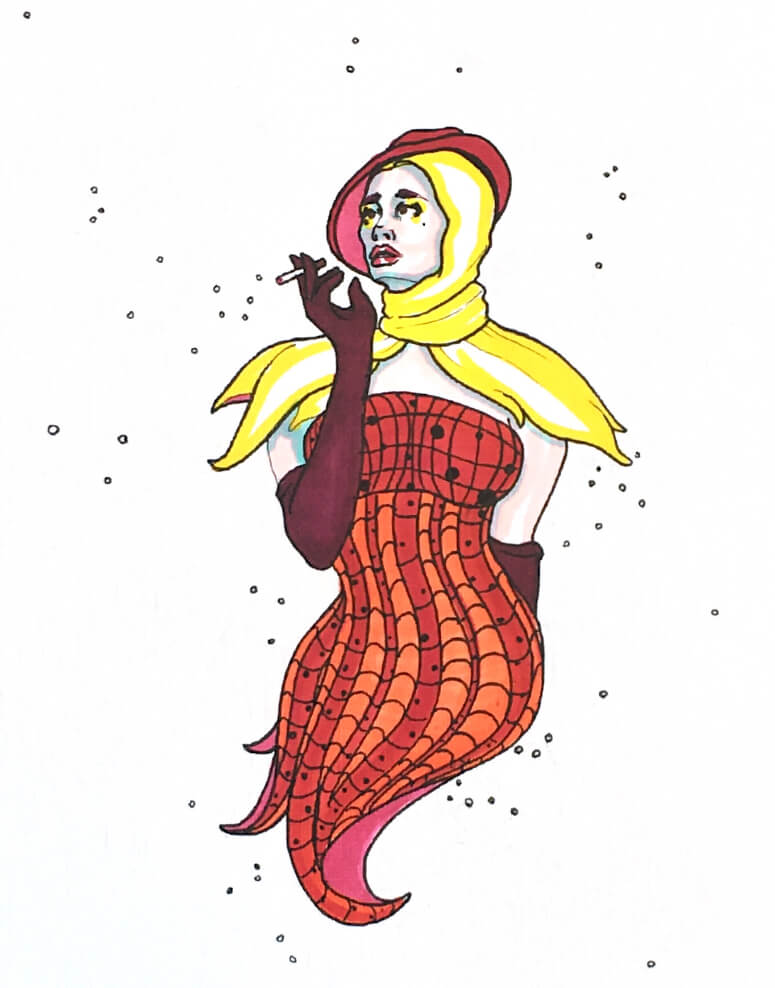 color drawing of a 1950s woman smoking a cigarette