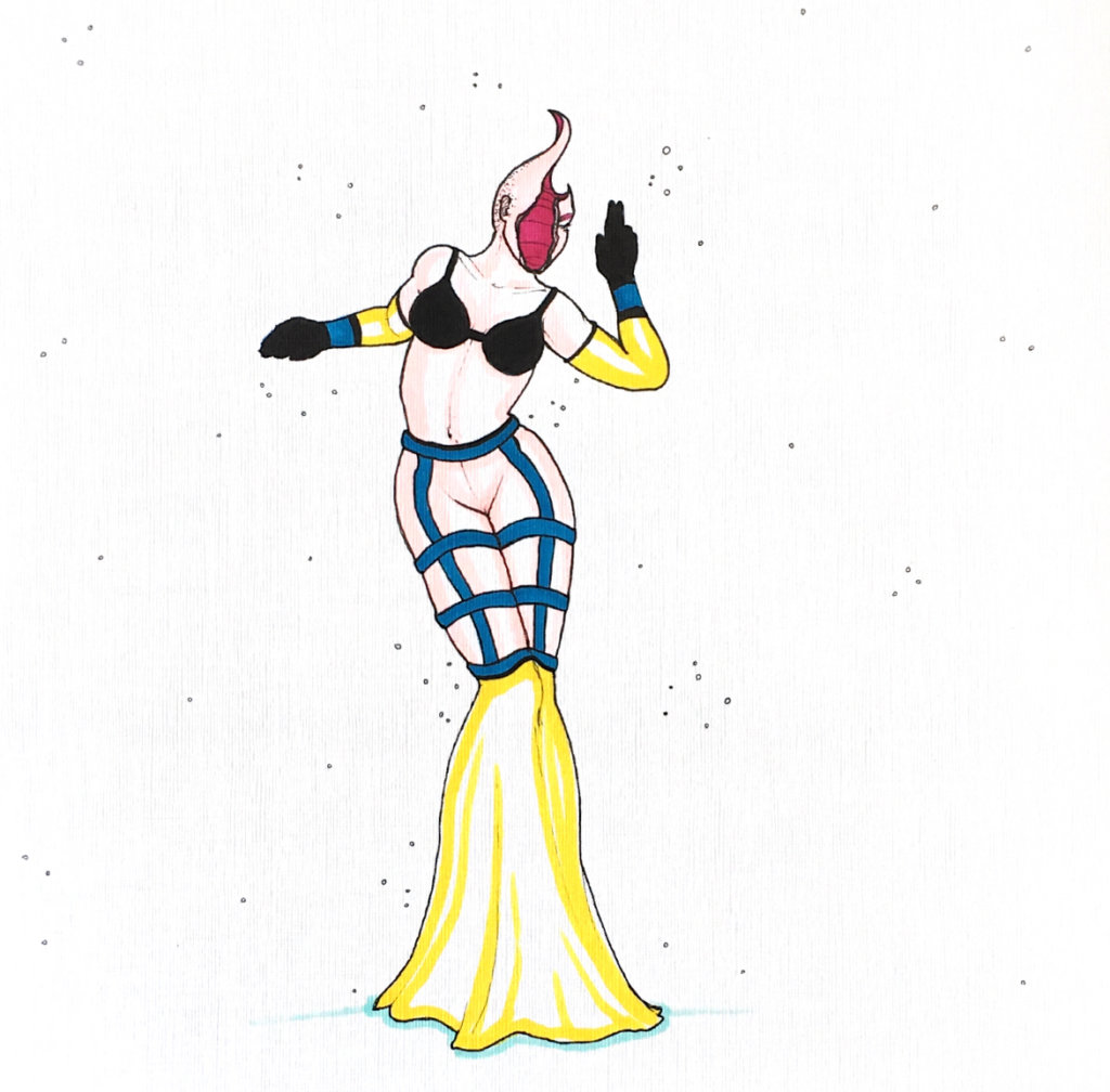WIP drawing of a woman with a distorted face, wearing a bondage hoop skirt