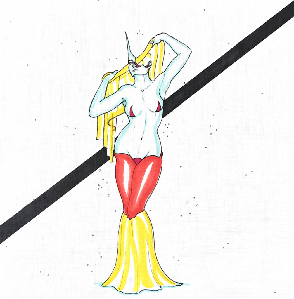 Color drawing of a woman with a strangely distorted face holding a shawl