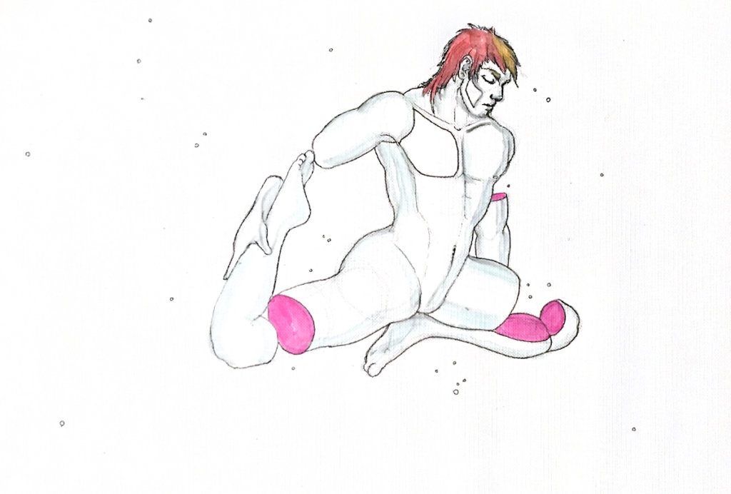 Color drawing of a main with amputated limbs stretching