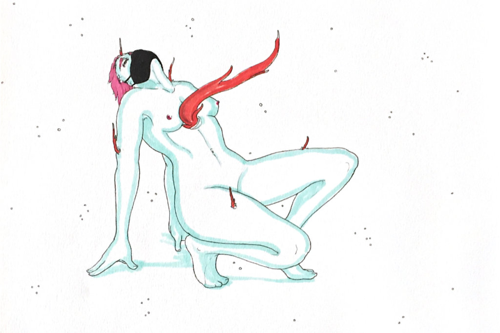 Color drawing of a woman stretching backwards with cordyceps fungi growing out of her skin