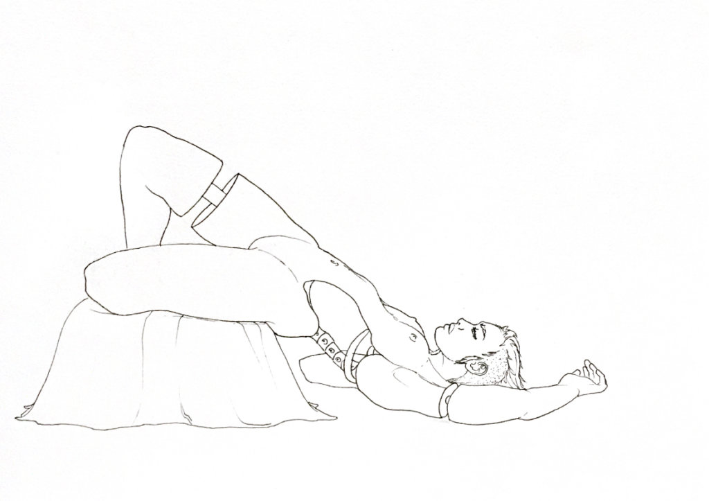Black and white drawing of a woman laying back