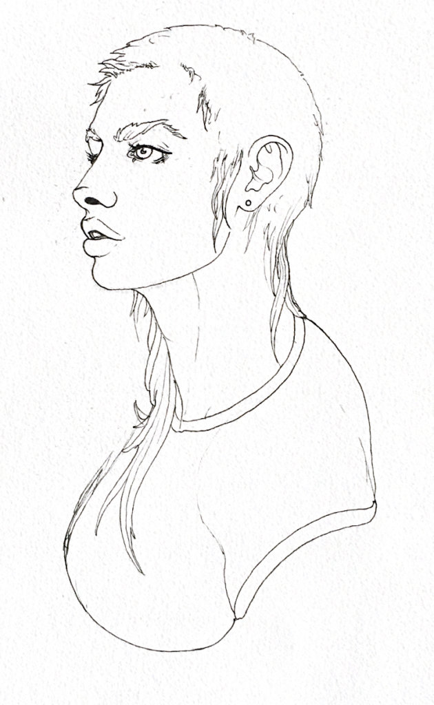 Black and white drawing of a woman with a mullet