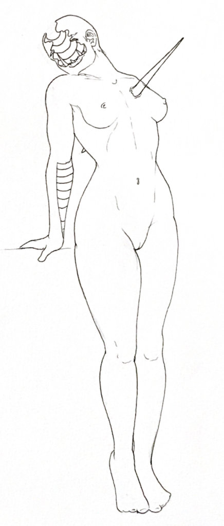 Black and white drawing of a woman without a face and a spike through her heart