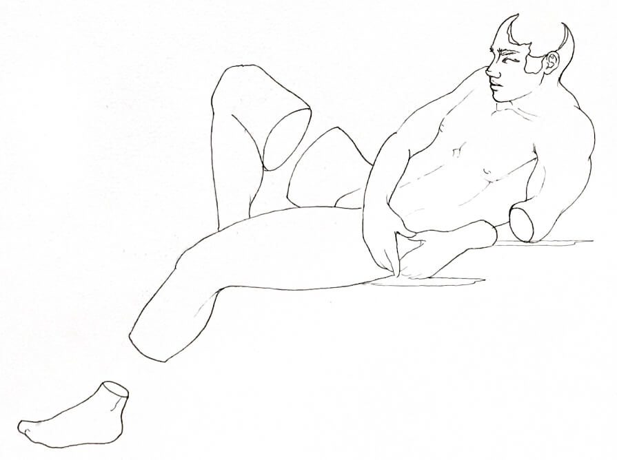 b&w drawing of a man with gaps in his limbs reclining