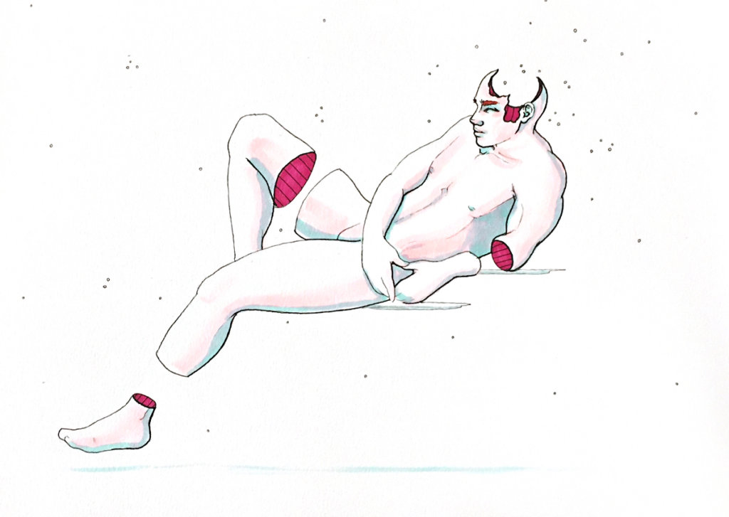 color drawing of a man with gaps in his limbs reclining