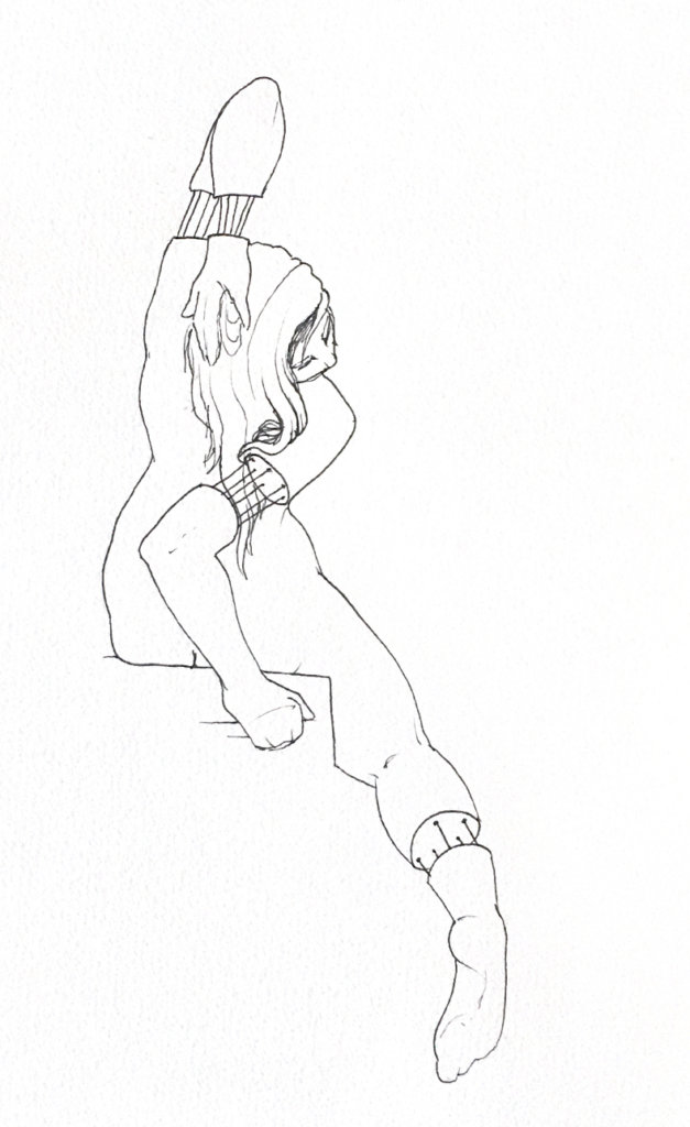 black and white drawing of a woman rotating her torso