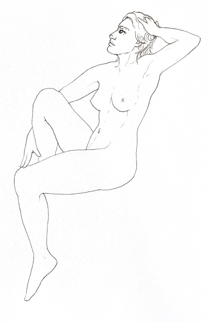 black and white drawing of a woman thinking