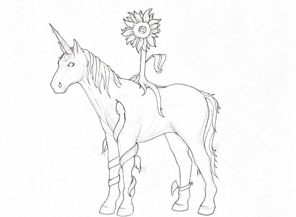 black and white drawing of a unicorn with a sunflower riding its back