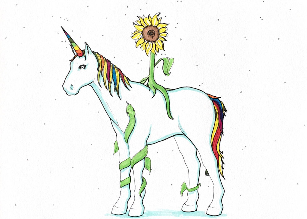 color drawing of a unicorn with a sunflower riding its back