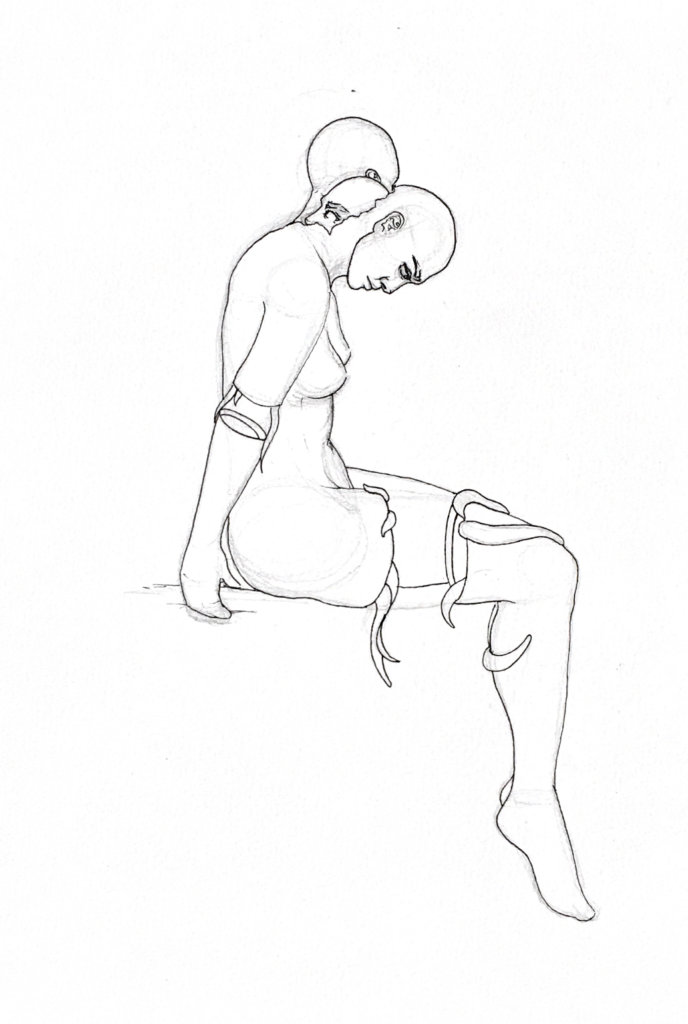 black and white drawing of a three-headed woman