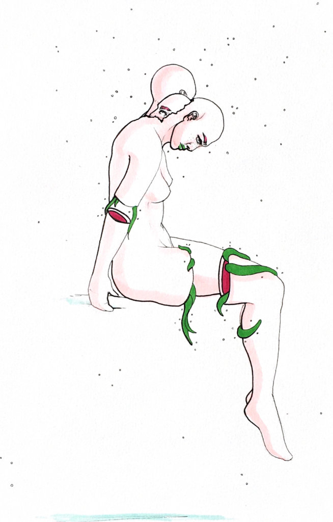 color drawing of a three-headed woman