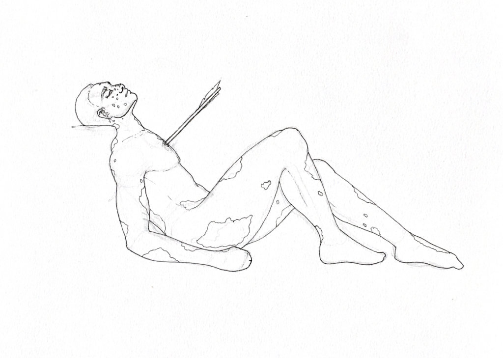 black and white drawing of a cow-man shot with an arrow