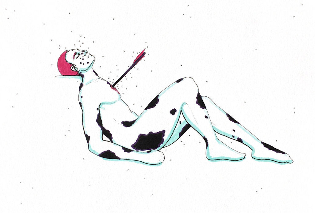 color drawing of a cow-man shot with an arrow