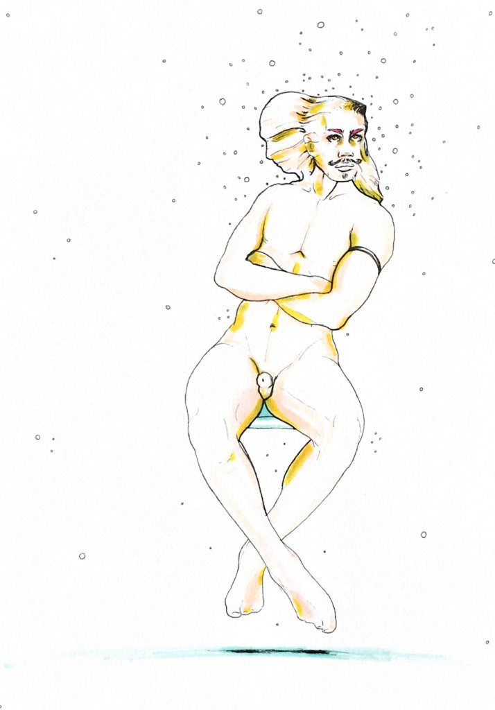 color drawing of a three-headed man with a Dali-mustache