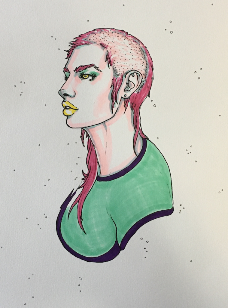 Color drawing of a woman with a mullet