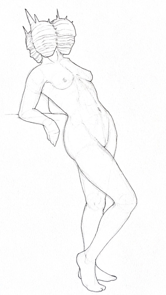 WIP of a nude woman with three heads, all wrapped in gauze
