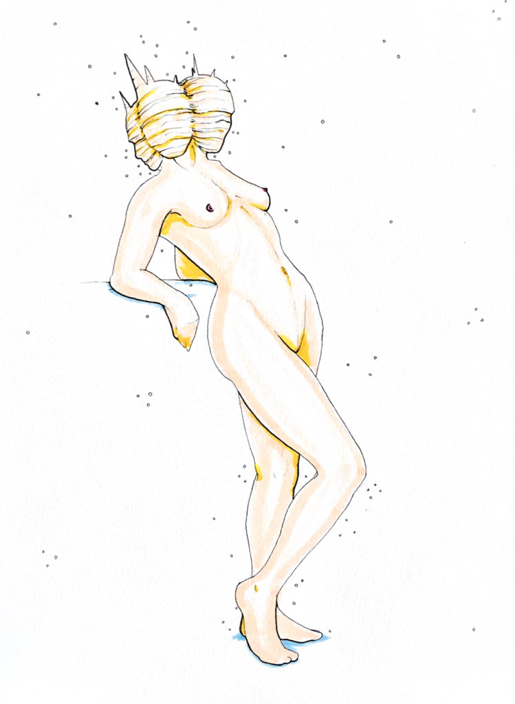 color drawing of a nude woman with three heads, all wrapped in gauze