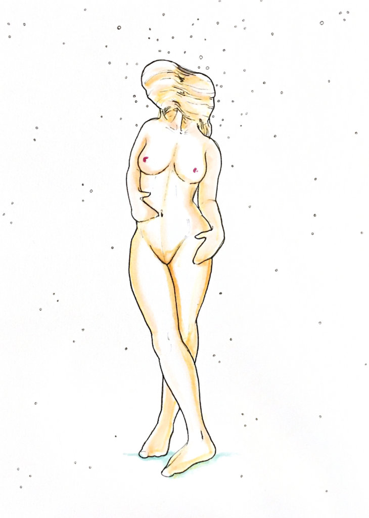 color drawing of a nude woman with two heads, both wrapped in gauze