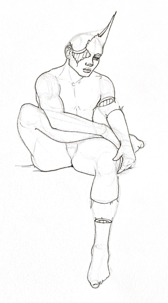 WIP of a man with a distorted head, pondering