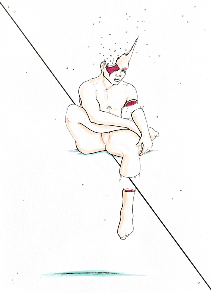 color drawing of a man with a distorted head, pondering