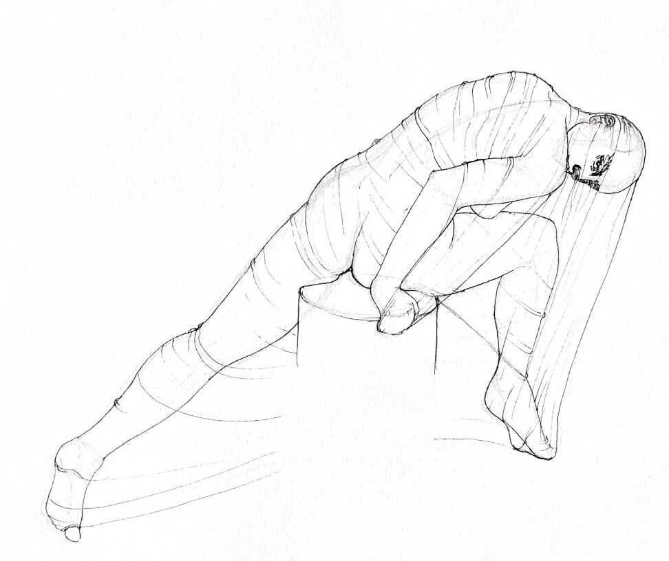 WIP drawing of a person wrapped in see-through sheets