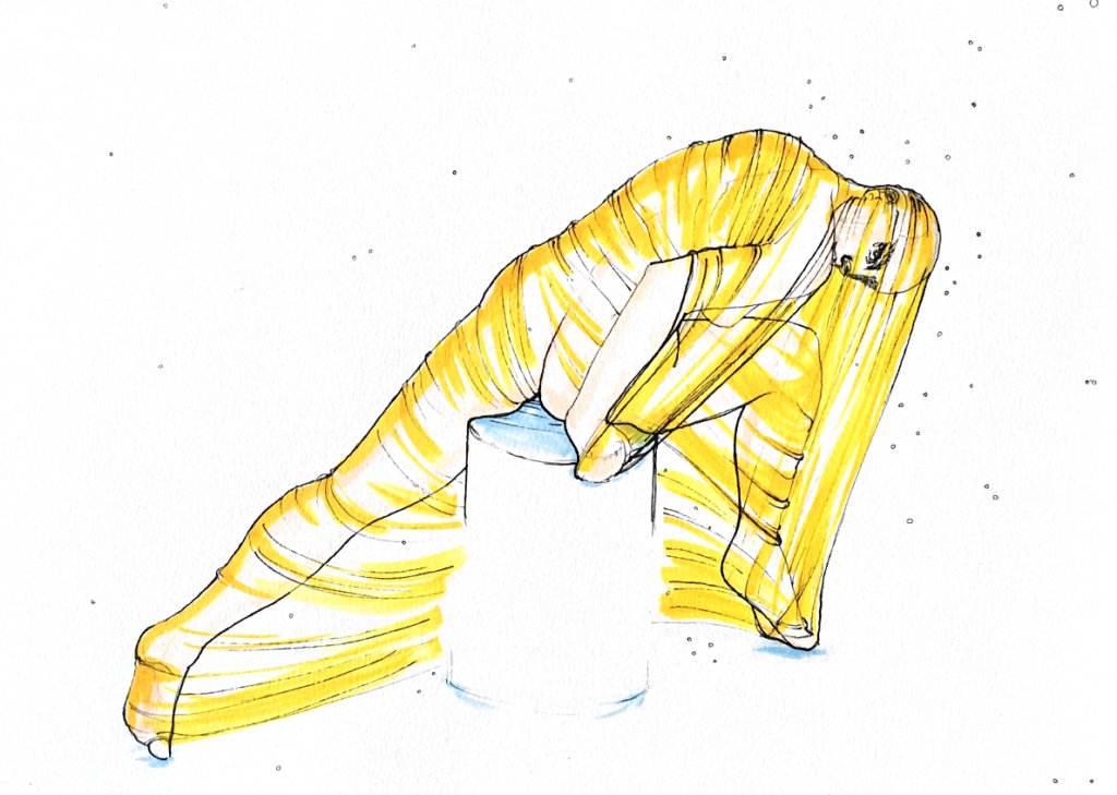 color drawing of a person wrapped in see-through sheets