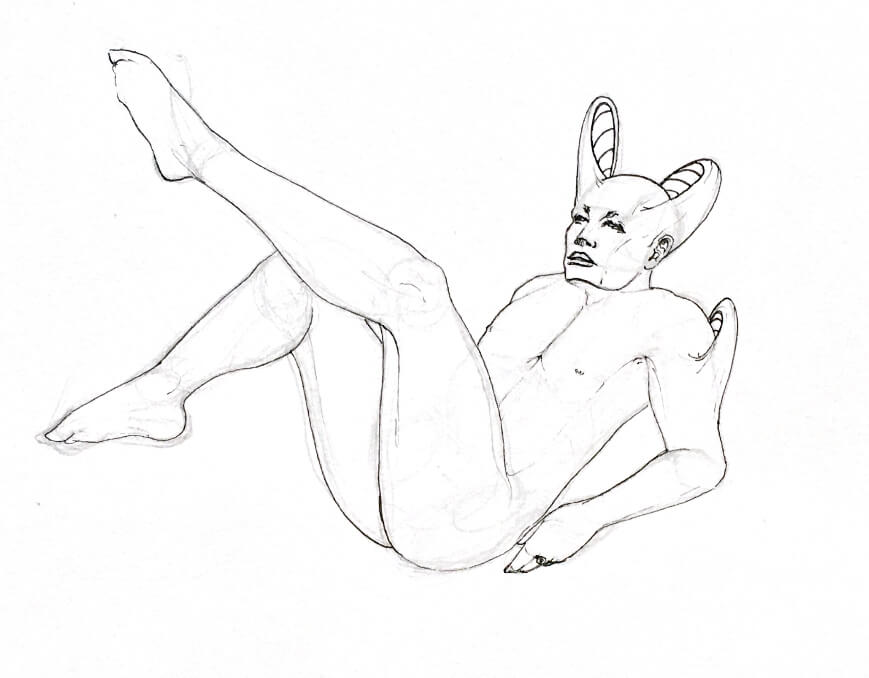 WIP of a naked man with a strange head deformity