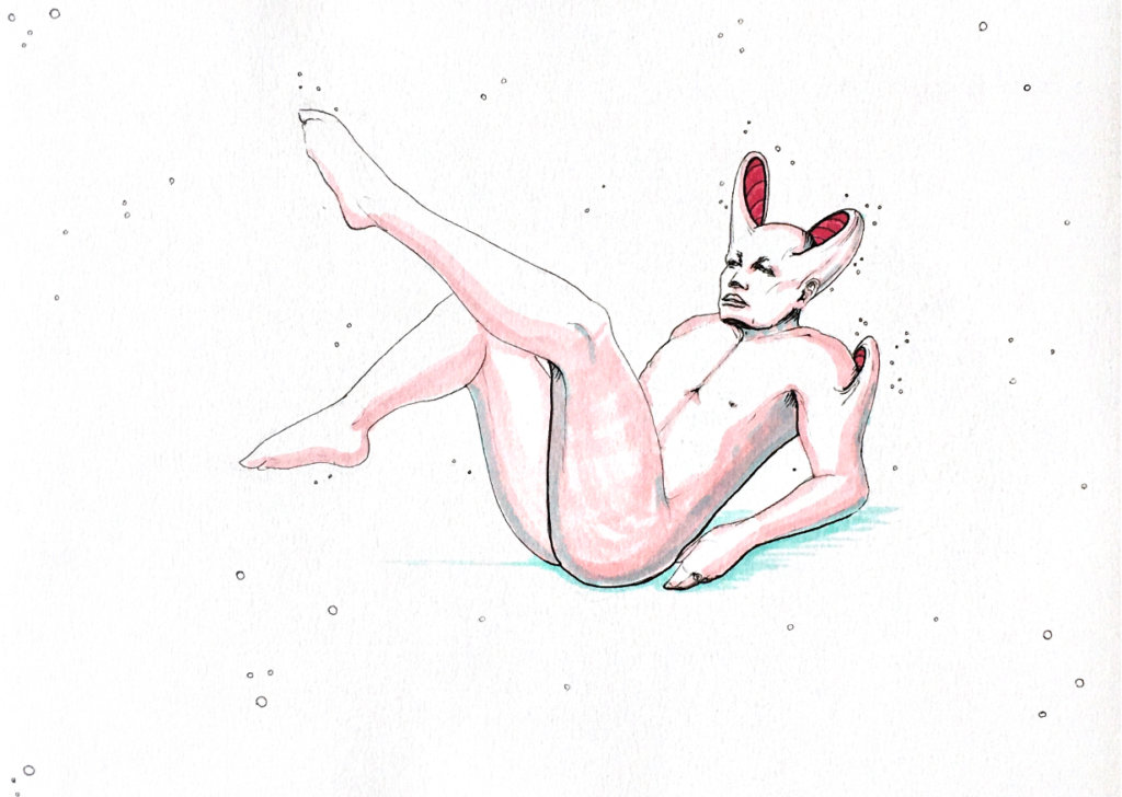 color drawing of a naked man with a strange head deformity