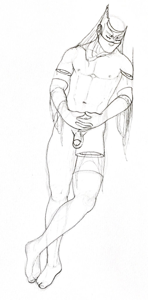 WIP of a nude man with an oddly shaped head, silks draped over his skin