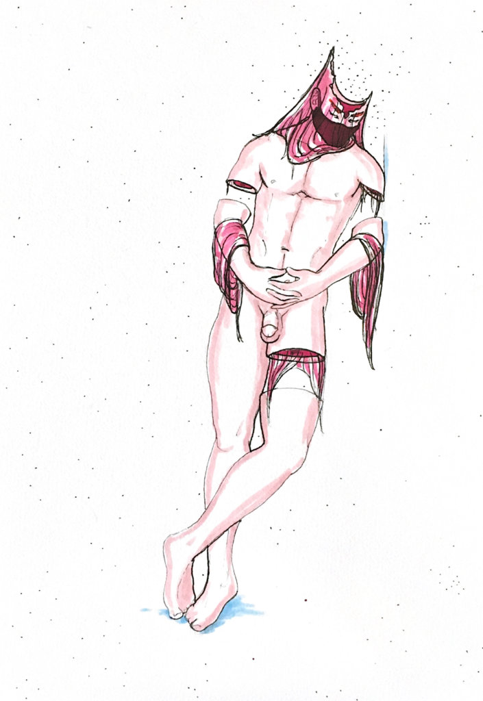 color drawing of a nude man with an oddly shaped head, silks draped over his skin